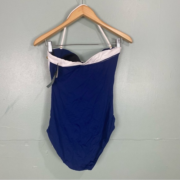 Lauren Ralph‎ Lauren Blue White Halter One Piece Swimsuit Gold Side Buttons - Picture 2 of 3